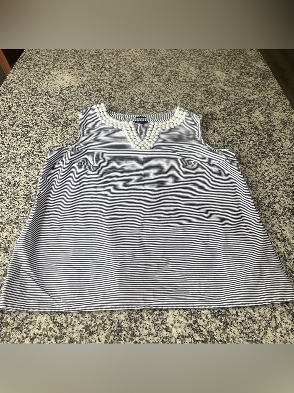 Talbots 14 stretch blue white striped sleeveless top beaded neck costal nautical
